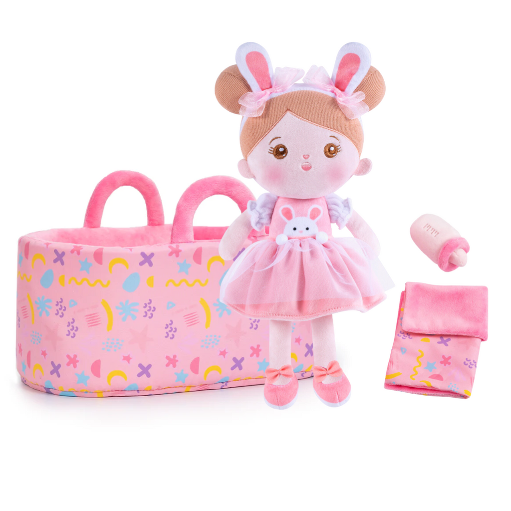 Personalized Pink Rabbit Girl Doll + Cloth Basket Gift Set