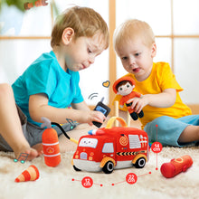 Load image into Gallery viewer, Personalized Baby&#39;s First Fire Truck Plush Sensory Toy Set with 5 Firefighting Supplies