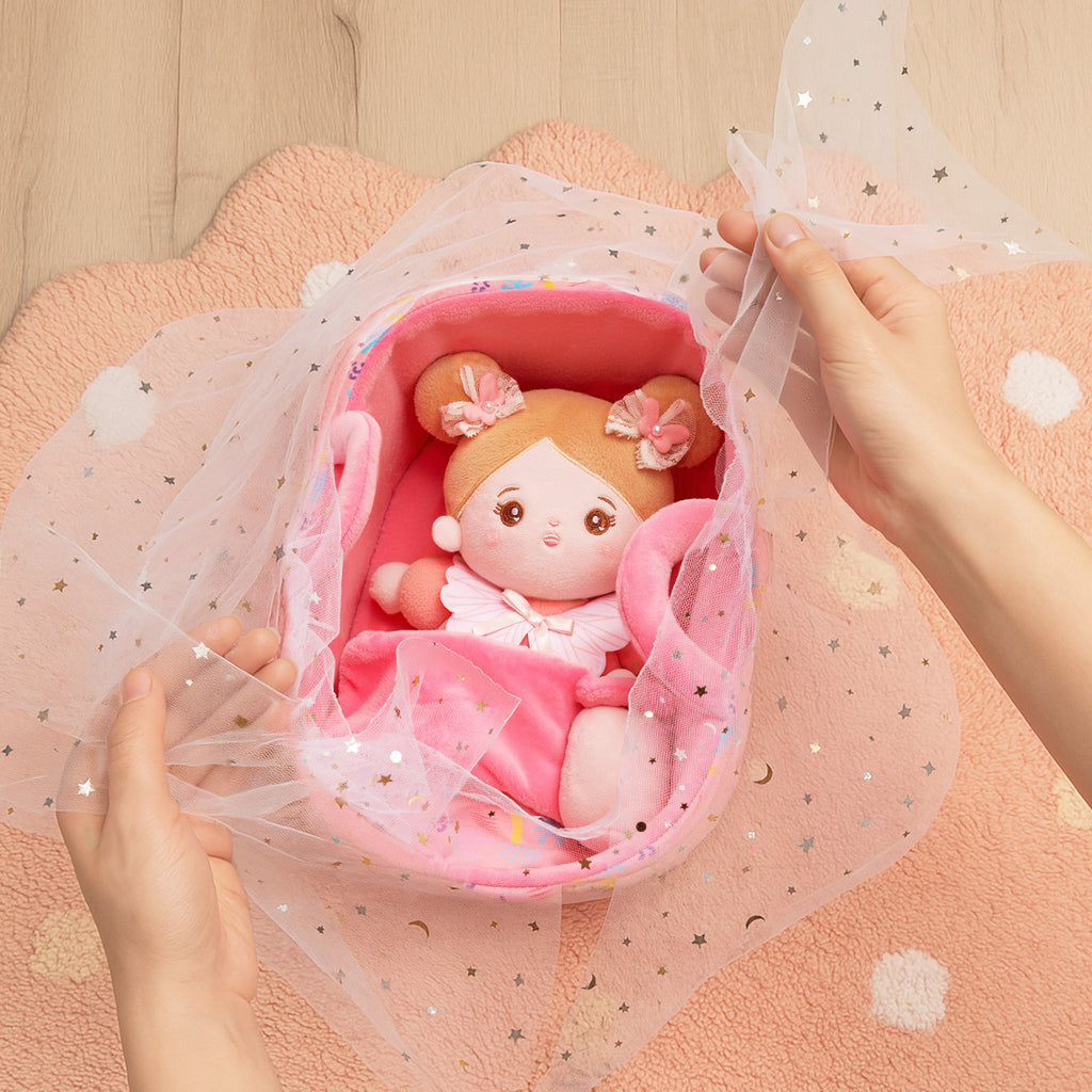 Bassinet Baby Doll - Name Personalizable, Tulle Ribbon Basket Wrap
