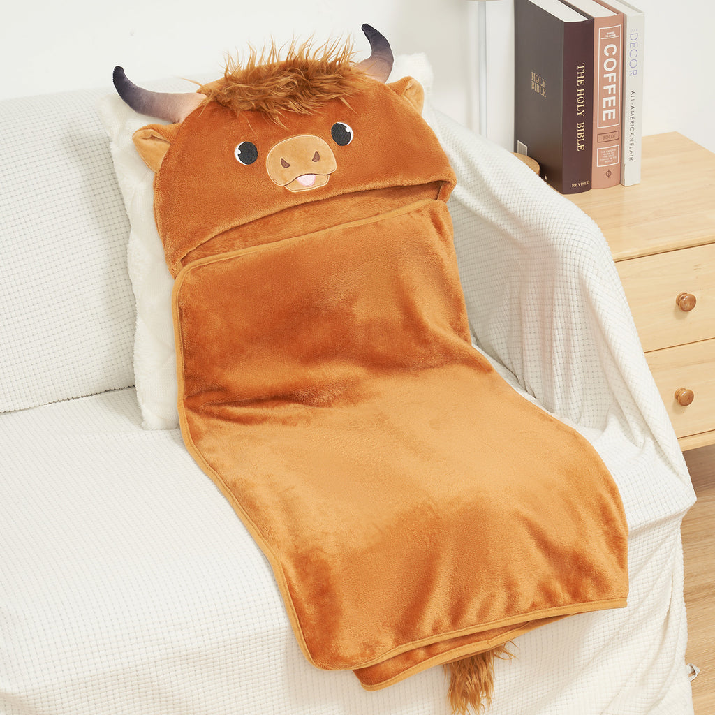 Scottish Highland Cow Cattle Wearable Hooded Blanket for Kid