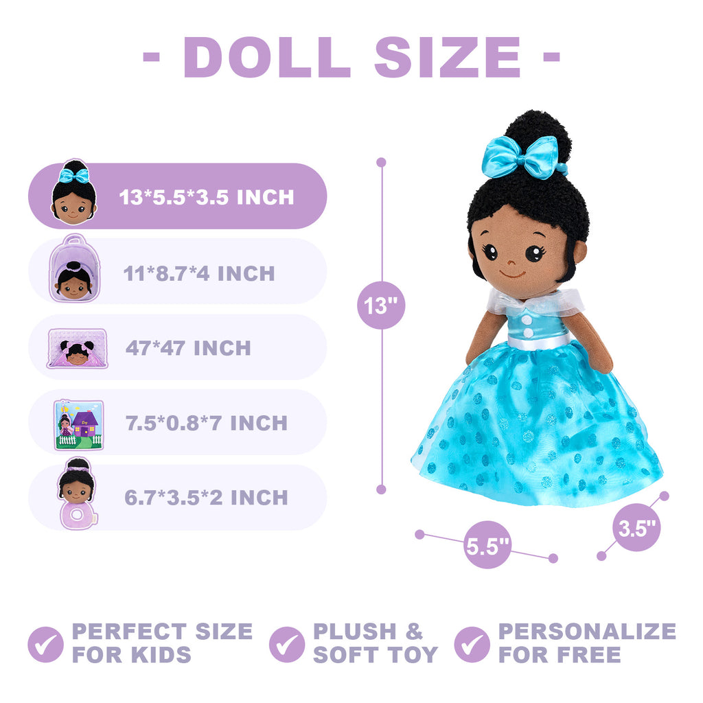 Personalized Deep Skin Tone Plush Blue Princess Doll + Backpack