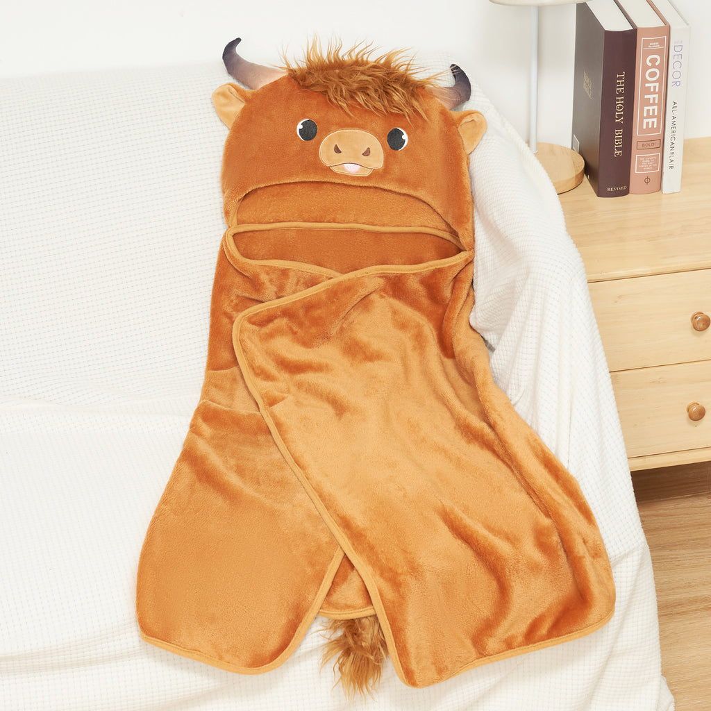 Scottish Highland Cow Cattle Wearable Hooded Blanket for Kid