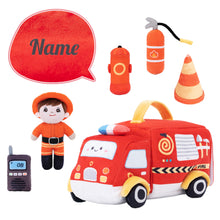 Load image into Gallery viewer, Personalized Baby&#39;s First Fire Truck Plush Sensory Toy Set with 5 Firefighting Supplies