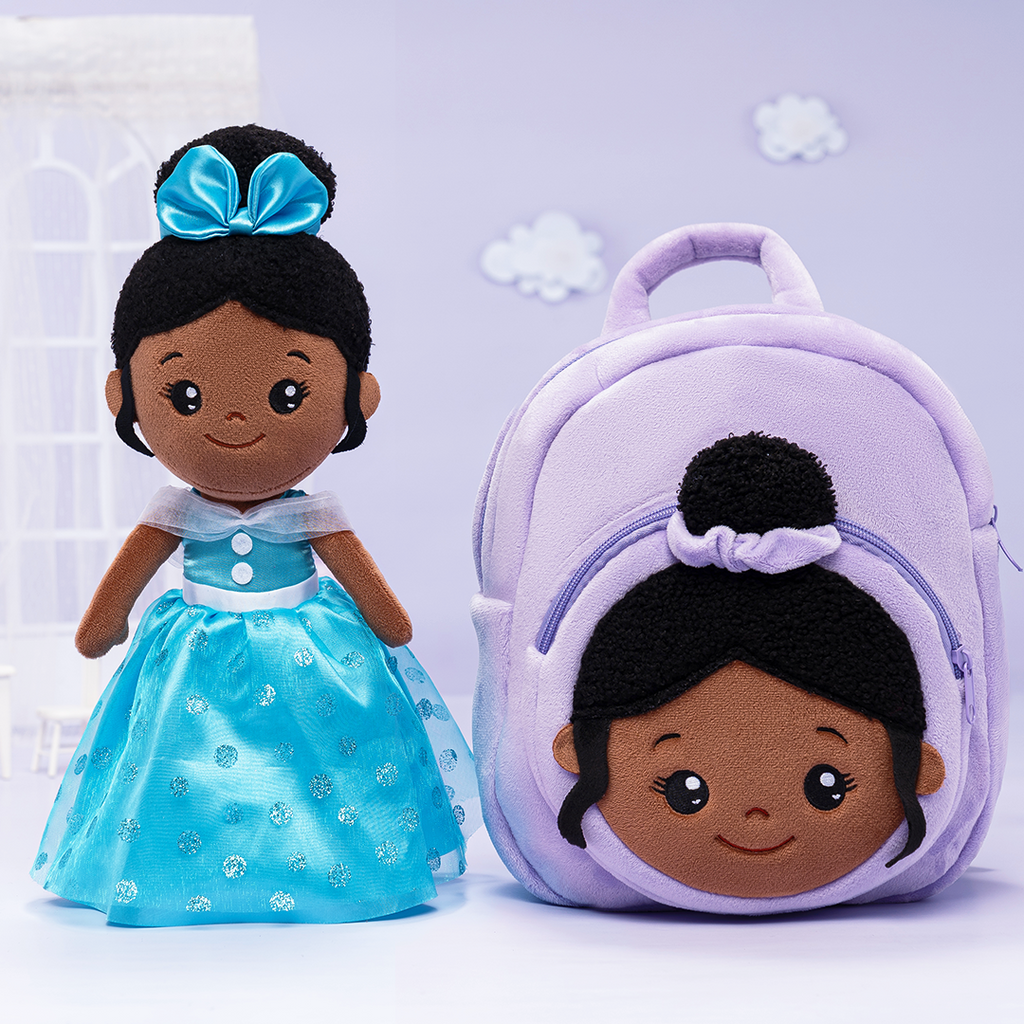 Personalized Deep Skin Tone Plush Blue Princess Doll + Backpack