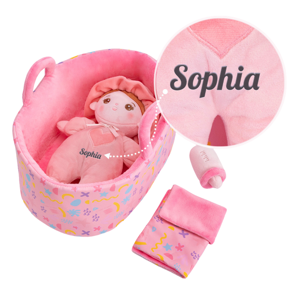 Personalized 10 Inch Plush Girl Doll Bassinet Gift Set