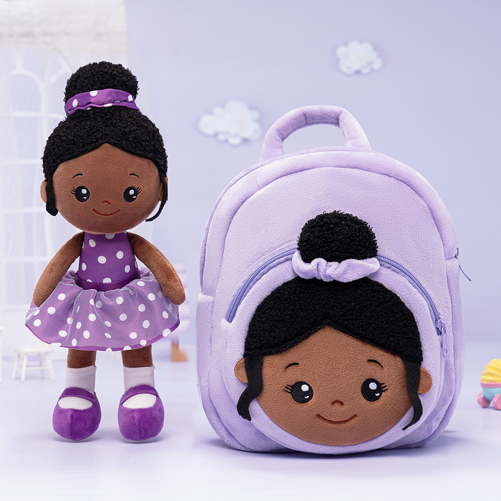 Personalized Deep Skin Tone Plush Nevaeh Purple Doll + Backpack