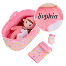 Load image into Gallery viewer, Personalized 10 Inch Plush Girl Doll Bassinet Gift Set