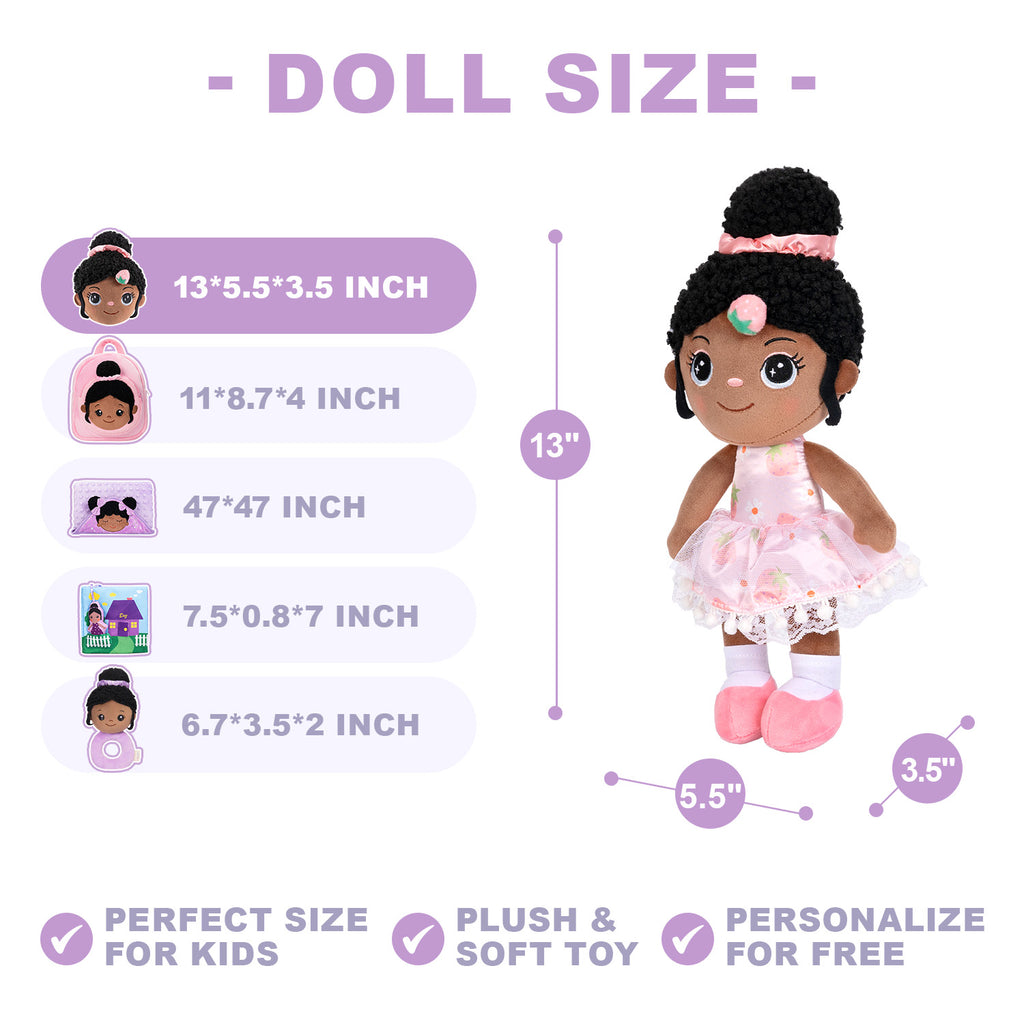 Personalized Deep Skin Tone Plush Pink Strawberry Doll + Backpack