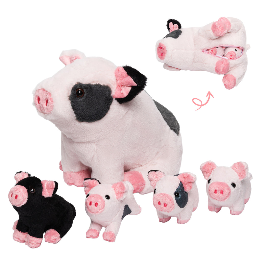 Spotted Swine Pig Mommy Stuffed Animal Set with 4 Piglets Inside