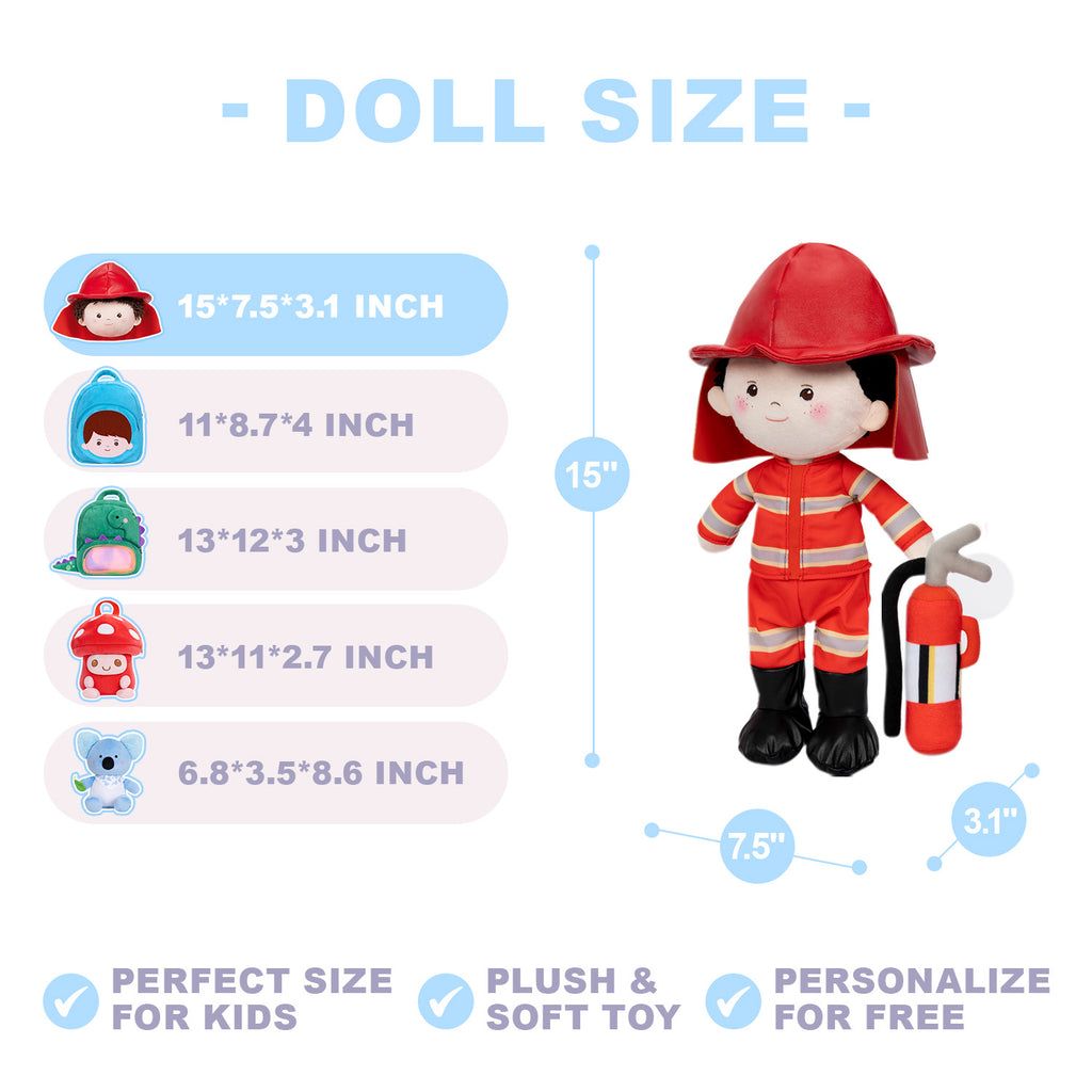 Personalized Firemen Plush Baby Boy Doll + Backpack