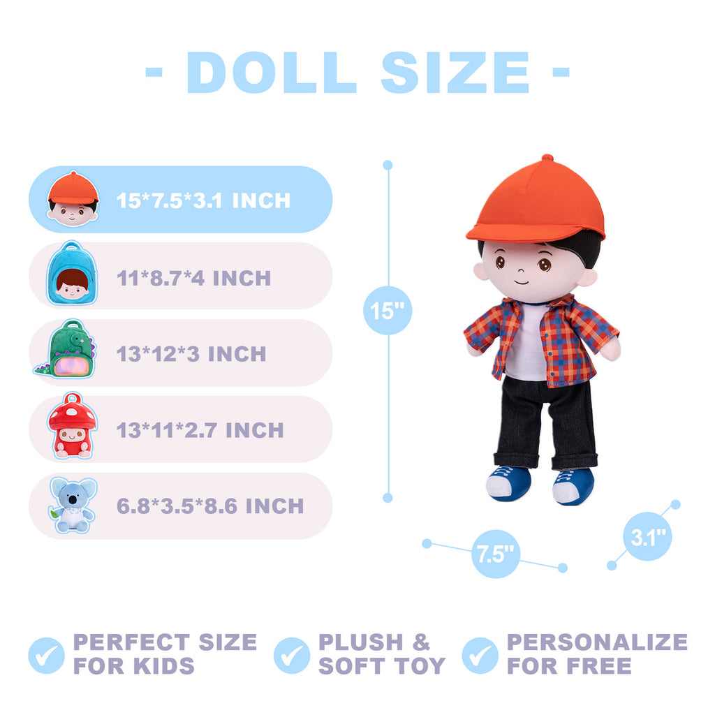 Personalized Plaid Jacket Plush Baby Boy Doll + Backpack