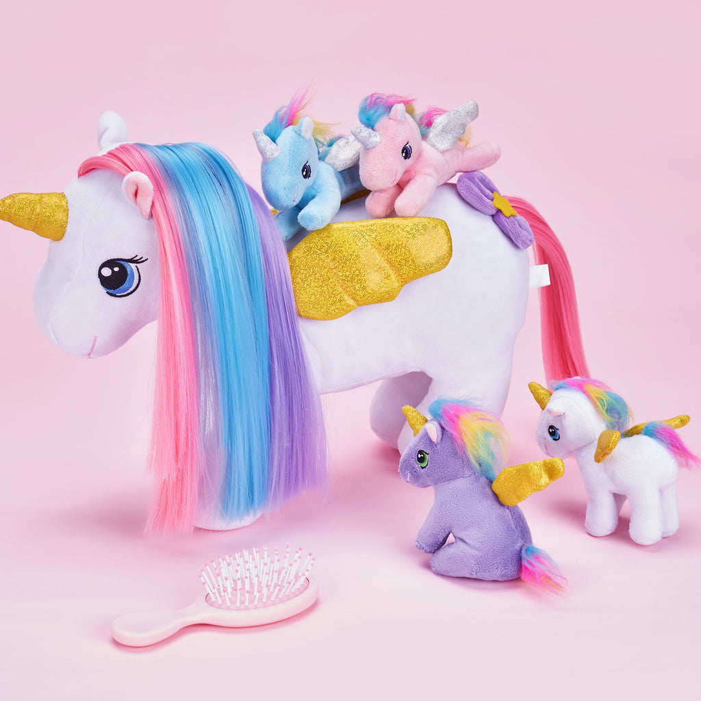 Rapunzelcorn Rainbow Hair Unicorn Mommy Stuffed Animal with 4 Babies Unicorn Inside