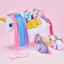 Load image into Gallery viewer, Rapunzelcorn Rainbow Hair Unicorn Mommy Stuffed Animal with 4 Babies Unicorn Inside