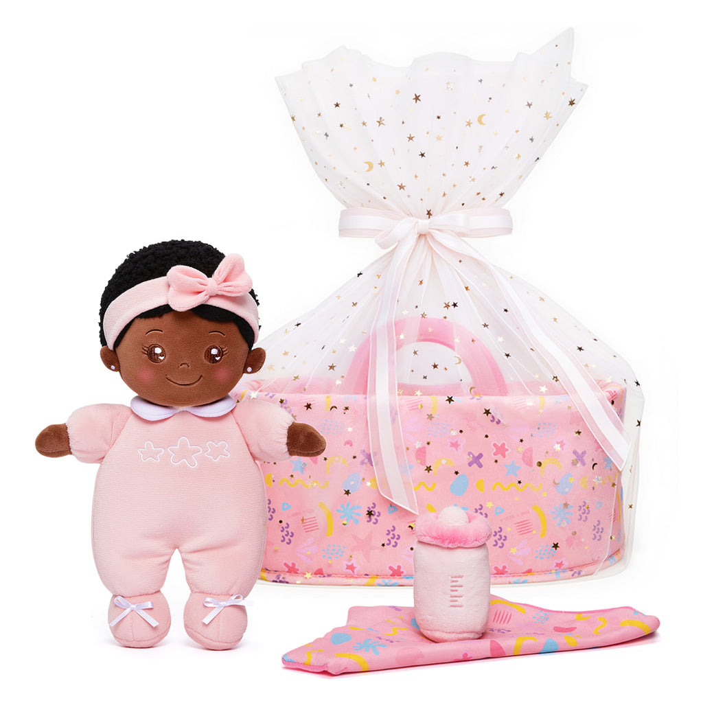 Bassinet Baby Doll - Name Personalizable, Tulle Ribbon Basket Wrap