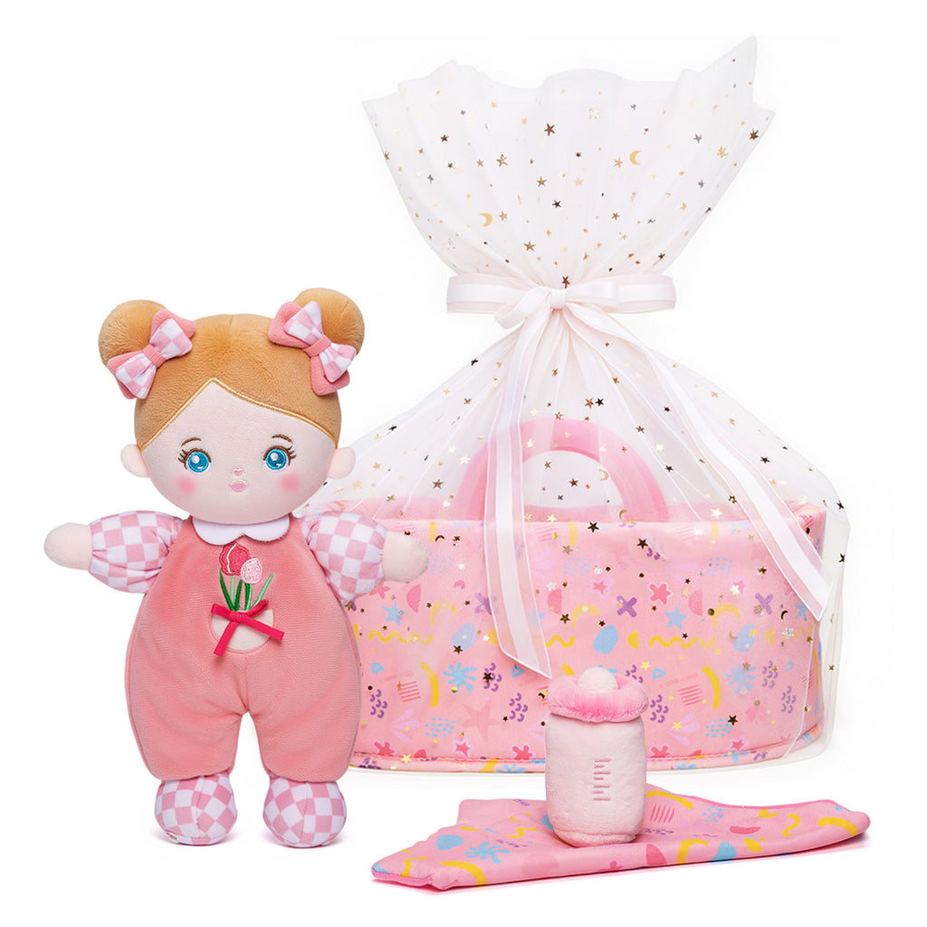 Bassinet Baby Doll - Name Personalizable, Tulle Ribbon Basket Wrap