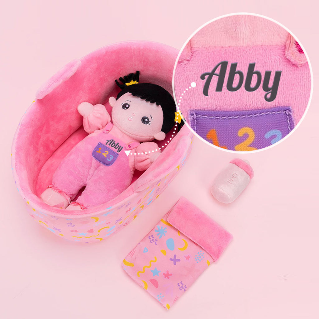 Personalized Black Hair Mini Plush Rag Baby Doll & Gift Set