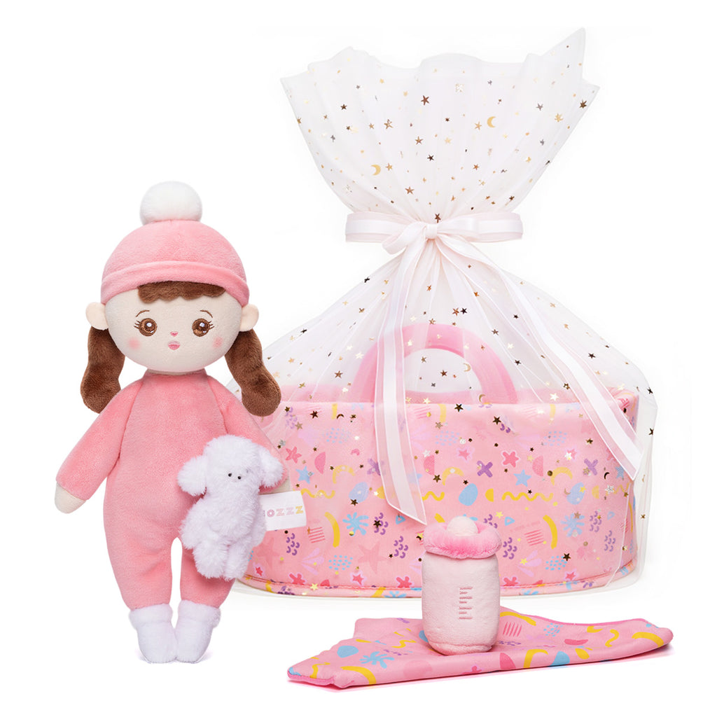 Bassinet Baby Doll - Name Personalizable, Tulle Ribbon Basket Wrap