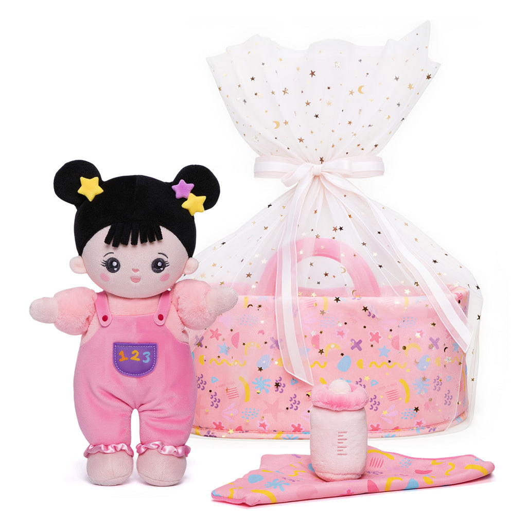 Bassinet Baby Doll - Name Personalizable, Tulle Ribbon Basket Wrap