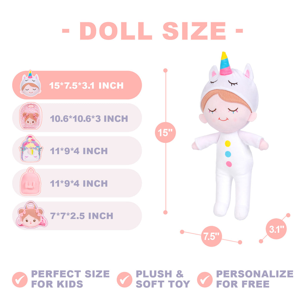 Personalized Iris White Unicorn Girl Doll + Backpack