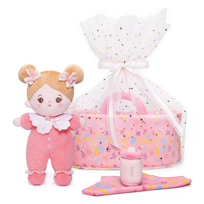 Bassinet Baby Doll - Name Personalizable, Tulle Ribbon Basket Wrap