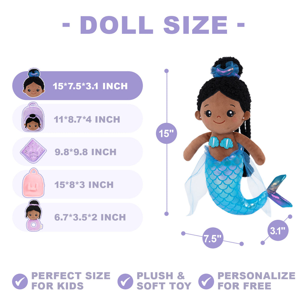 Personalized Deep Skin Tone Fantasy Mermaid Plush Baby Girl Doll