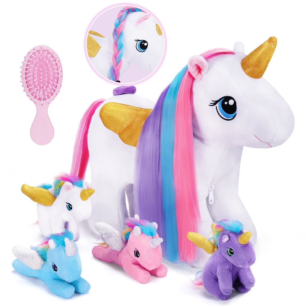 Rapunzelcorn Rainbow Hair Unicorn Mommy Stuffed Animal with 4 Babies Unicorn Inside