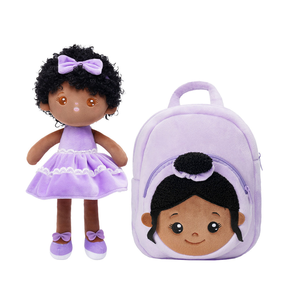 Personalized Deep Skin Tone Plush Curly Hair Baby Girl Doll + Backpack