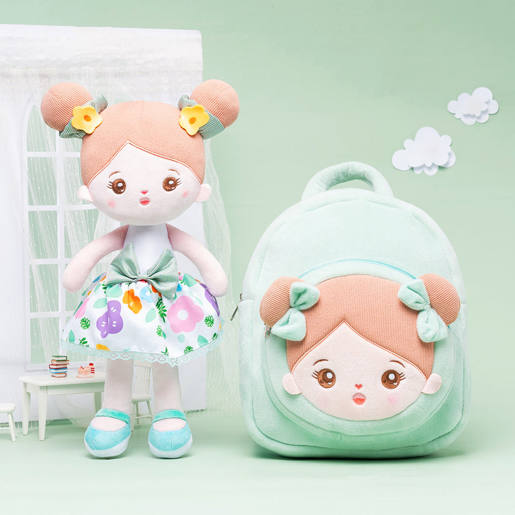 Personalized Abby Green Floral Girl Doll + Backpack