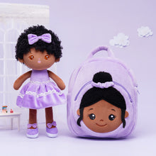 Load image into Gallery viewer, Personalized Deep Skin Tone Plush Curly Hair Baby Girl Doll + Backpack