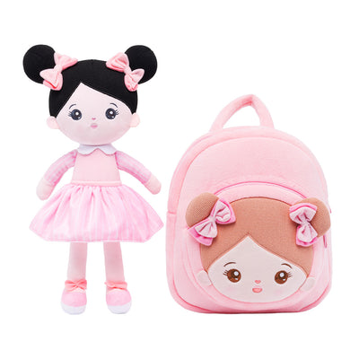 Personalized Pink Outfit & Black Hair Girl Doll + Backpack