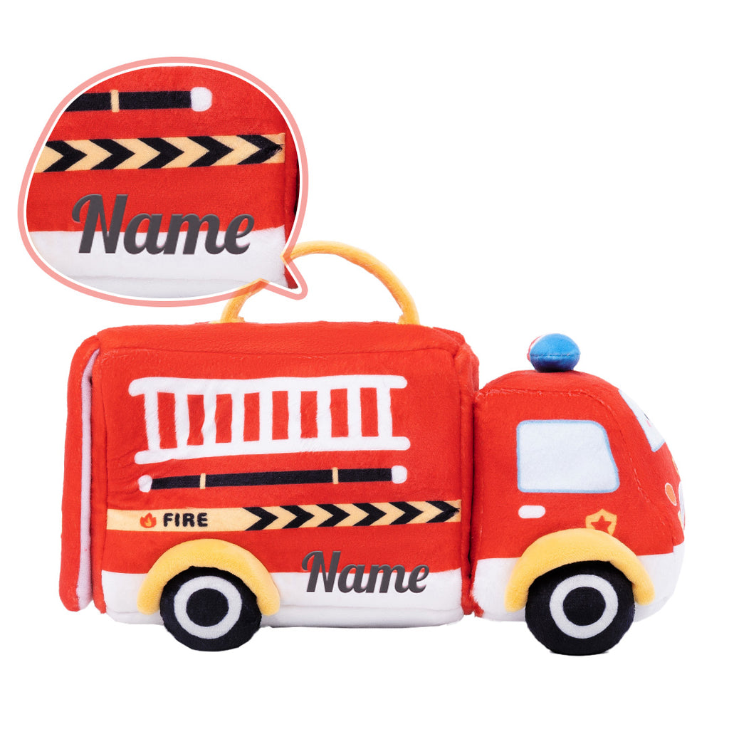 Personalized Baby's First Fire Truck Plush Sensory Toy Set with 5 Firefighting Supplies