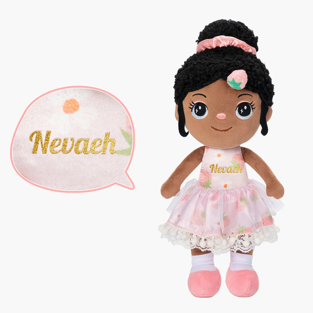 Personalized Deep Skin Tone Plush Pink Strawberry Doll + Backpack