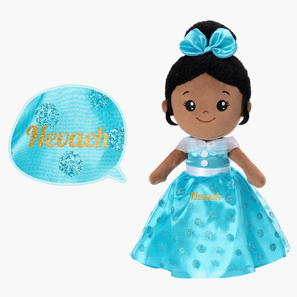 Personalized Deep Skin Tone Plush Blue Princess Doll + Backpack