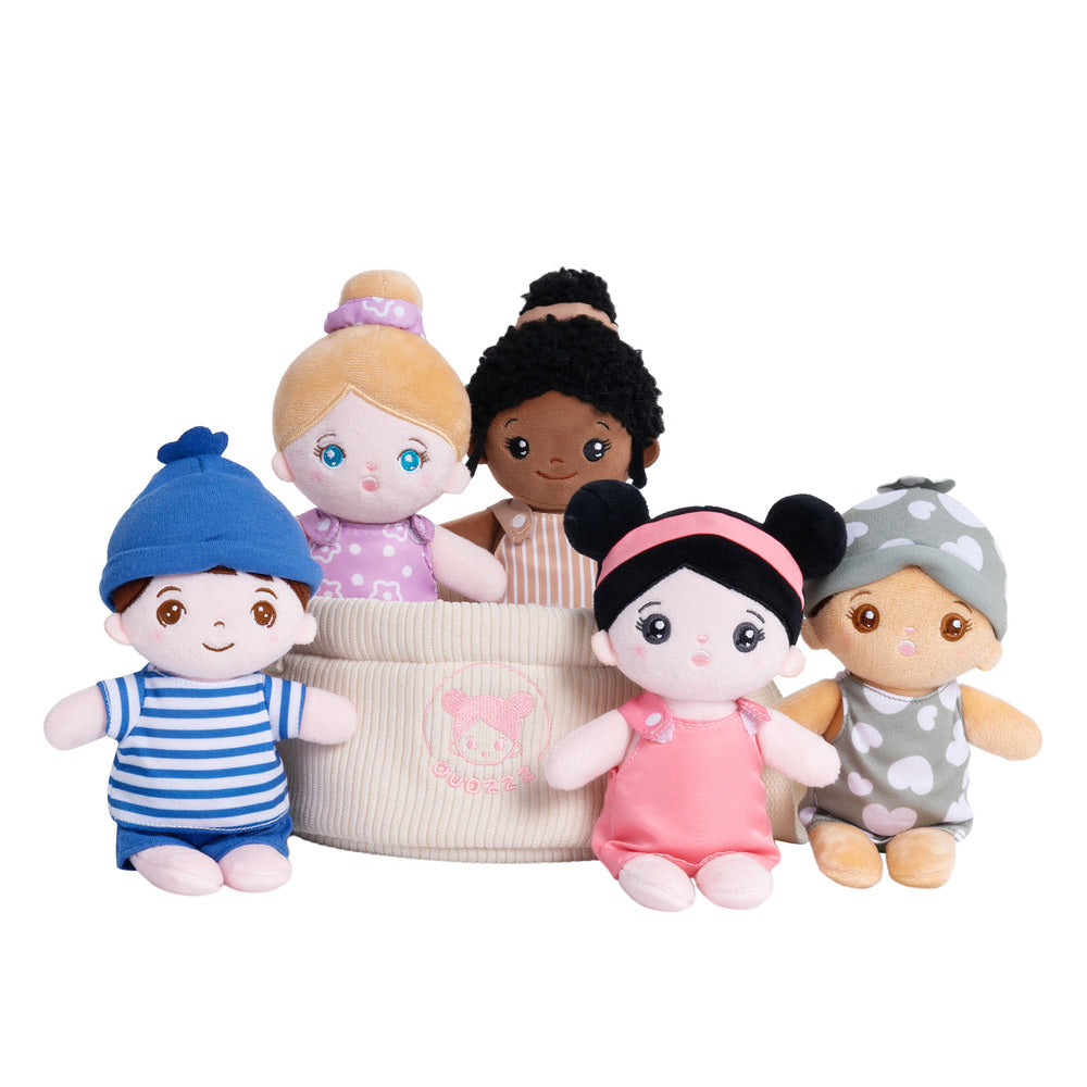 Multi-Ethnic 8'' Plush Dolls Sound Toy Gift | Set Of 5 Dolls + 1 Cloth Basket