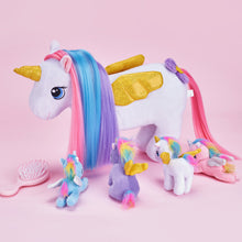 Load image into Gallery viewer, Rapunzelcorn Rainbow Hair Unicorn Mommy Stuffed Animal with 4 Babies Unicorn Inside