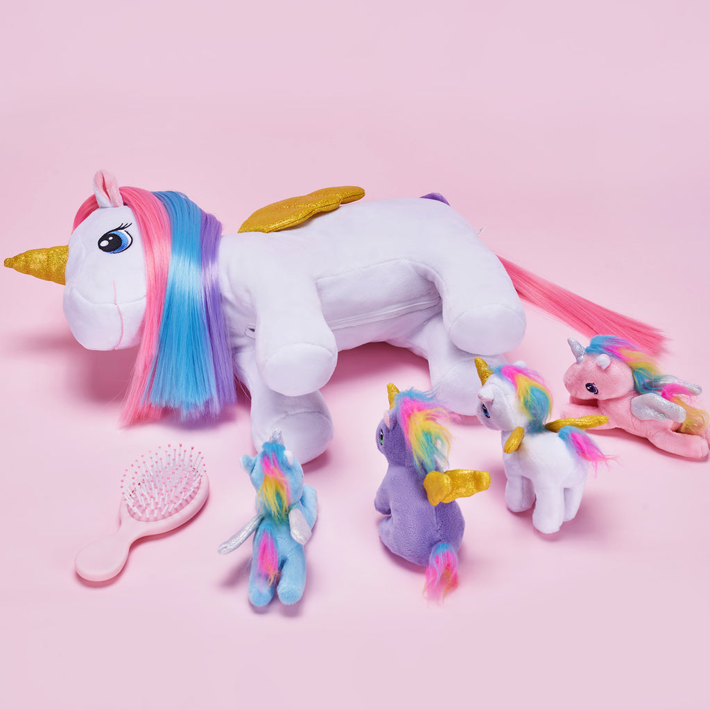 Rapunzelcorn Rainbow Hair Unicorn Mommy Stuffed Animal with 4 Babies Unicorn Inside