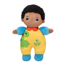 Load image into Gallery viewer, Personalized Dark Skin Tone Plush Baby Boy Doll with Dinosaur Romper