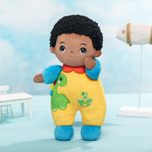 Load image into Gallery viewer, Personalized Dark Skin Tone Plush Baby Boy Doll with Dinosaur Romper