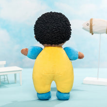 Load image into Gallery viewer, Personalized Dark Skin Tone Plush Baby Boy Doll with Dinosaur Romper