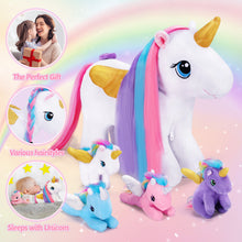 Load image into Gallery viewer, Rapunzelcorn Rainbow Hair Unicorn Mommy Stuffed Animal with 4 Babies Unicorn Inside