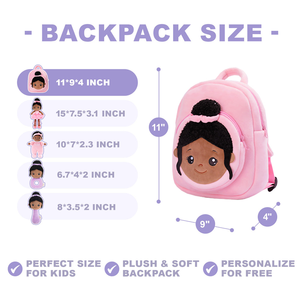 Personalized Deep Skin Tone Plush Nevaeh Pink Doll + Backpack