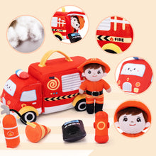 Load image into Gallery viewer, Personalized Baby&#39;s First Fire Truck Plush Sensory Toy Set with 5 Firefighting Supplies