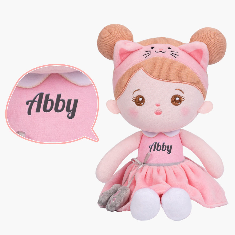 Personalized Pink Cat Plush Baby Girl Doll + Backpack