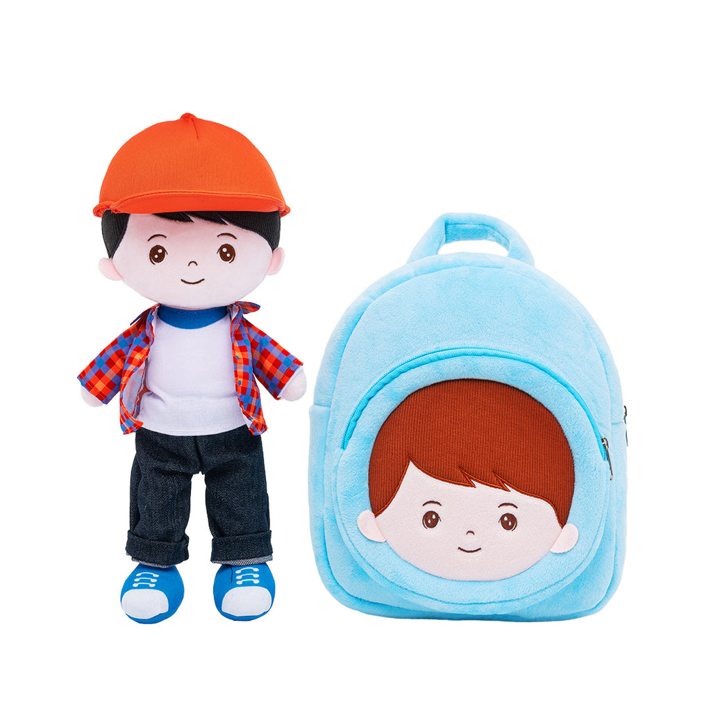 Personalized Plaid Jacket Plush Baby Boy Doll + Backpack