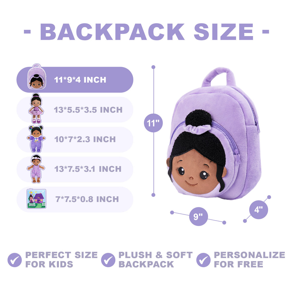 Personalized Deep Skin Tone Plush Nevaeh Purple Doll + Backpack