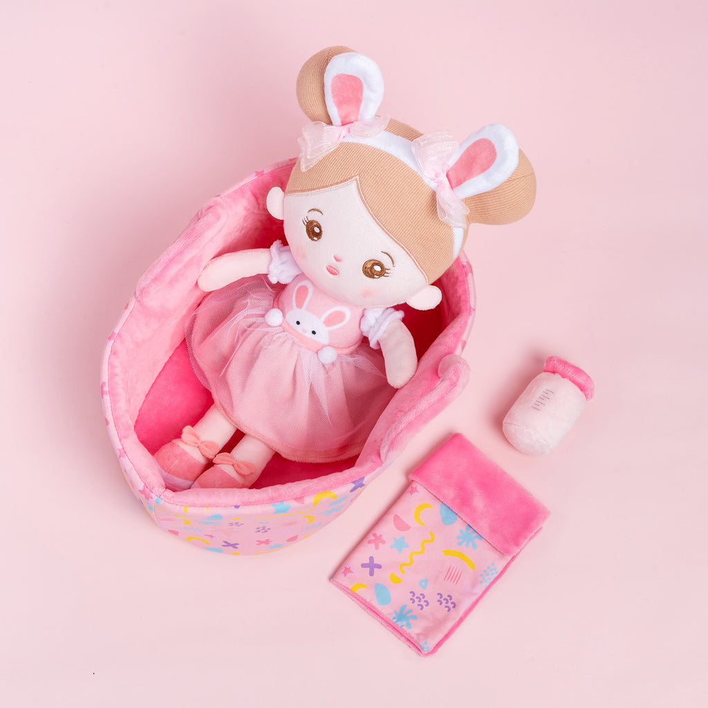 Personalized Pink Rabbit Girl Doll + Cloth Basket Gift Set