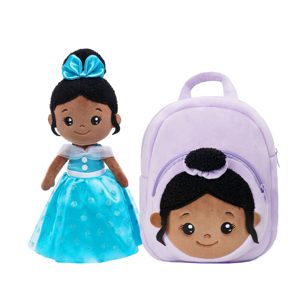 Personalized Deep Skin Tone Plush Blue Princess Doll + Backpack