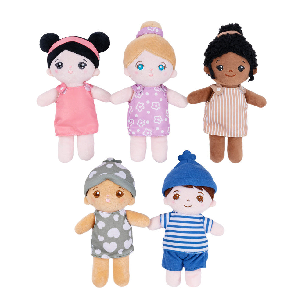 Multi-Ethnic 8'' Plush Dolls Sound Toy Gift | Set Of 5 Dolls + 1 Cloth Basket