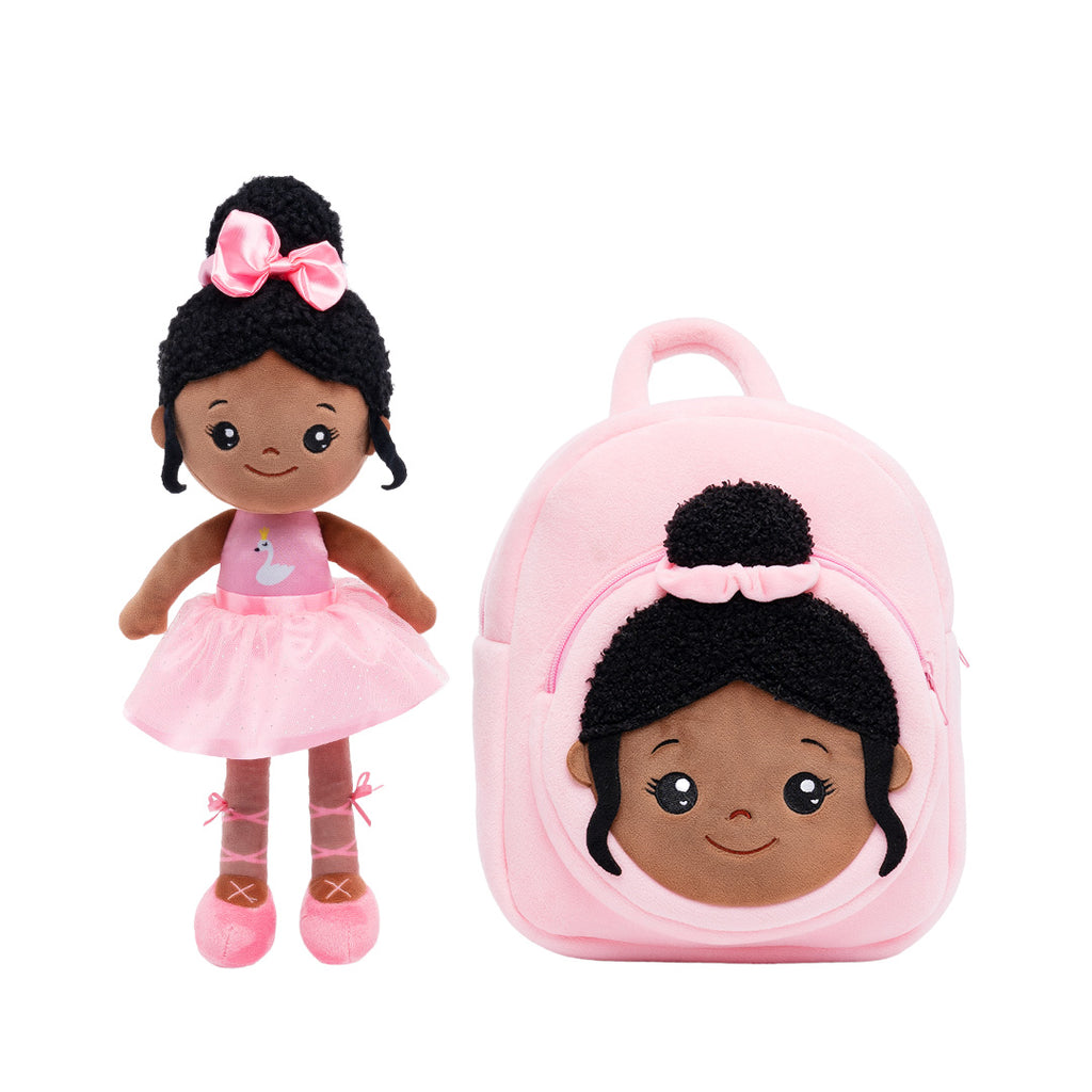 Personalized Deep Skin Tone Plush Nevaeh Pink Doll + Backpack