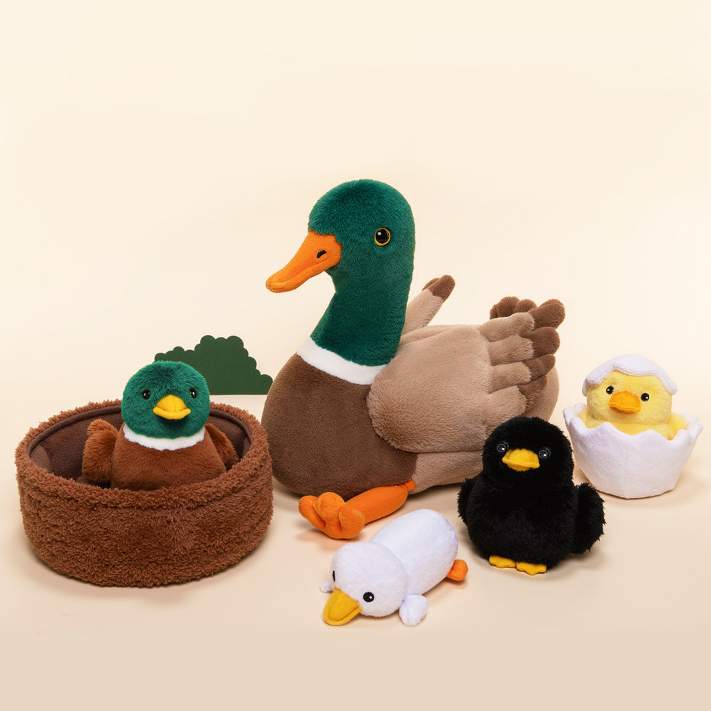 Mallard Dabbling Duck Plush Stuffed With 4 Ducklings in Nest - Pre Order